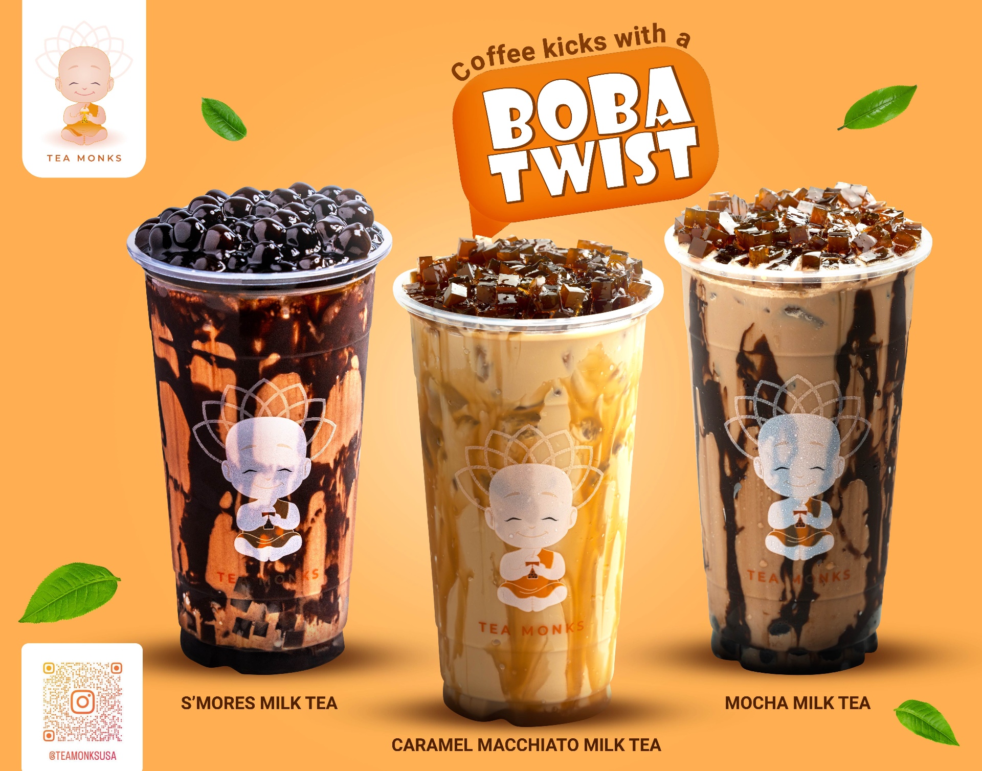 Hand holding fresh Tea Monks boba milk tea